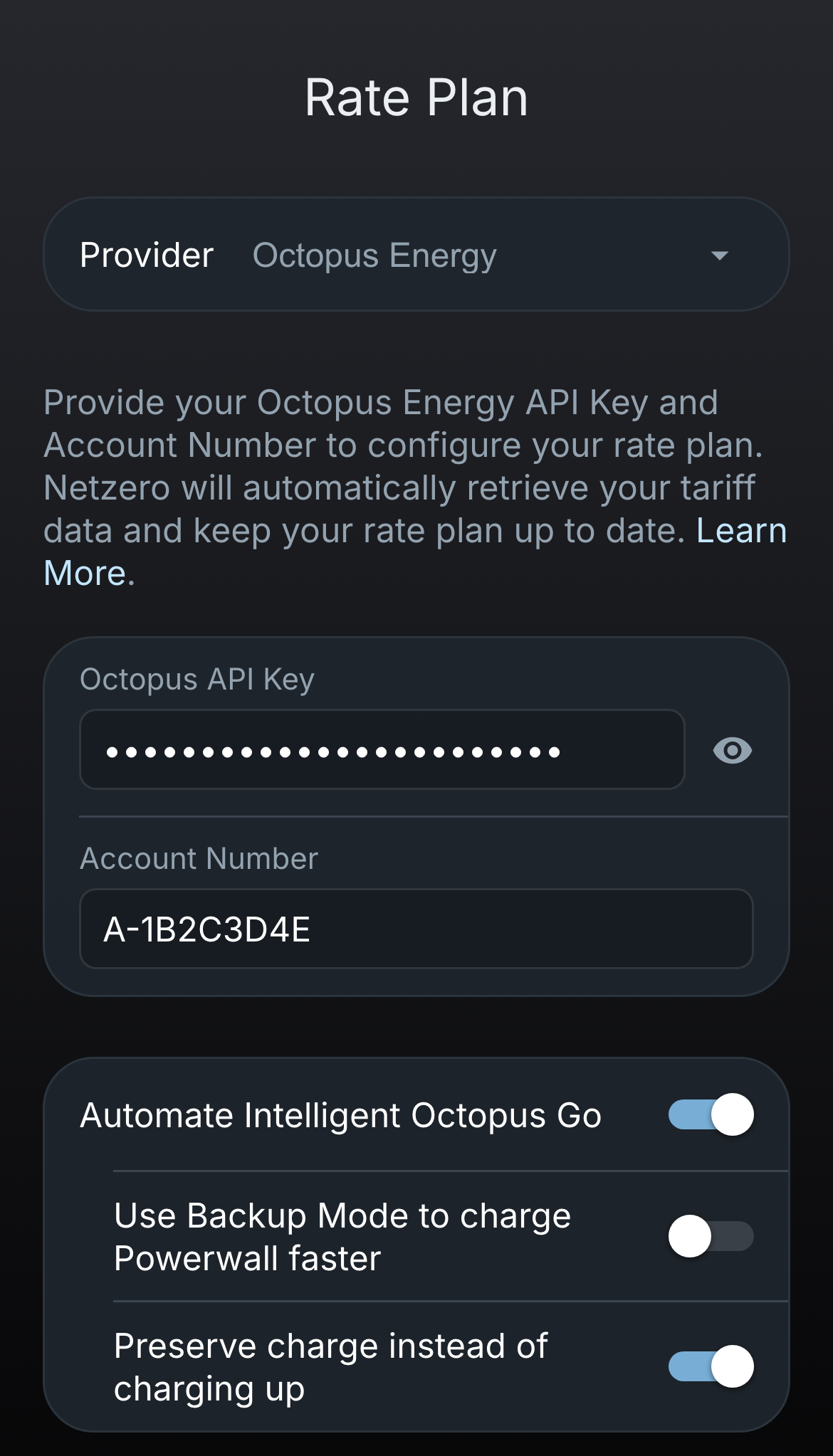Rate Plan screen with the Octopus API key, the account number, and Automate Intelligent Octopus Go switched on