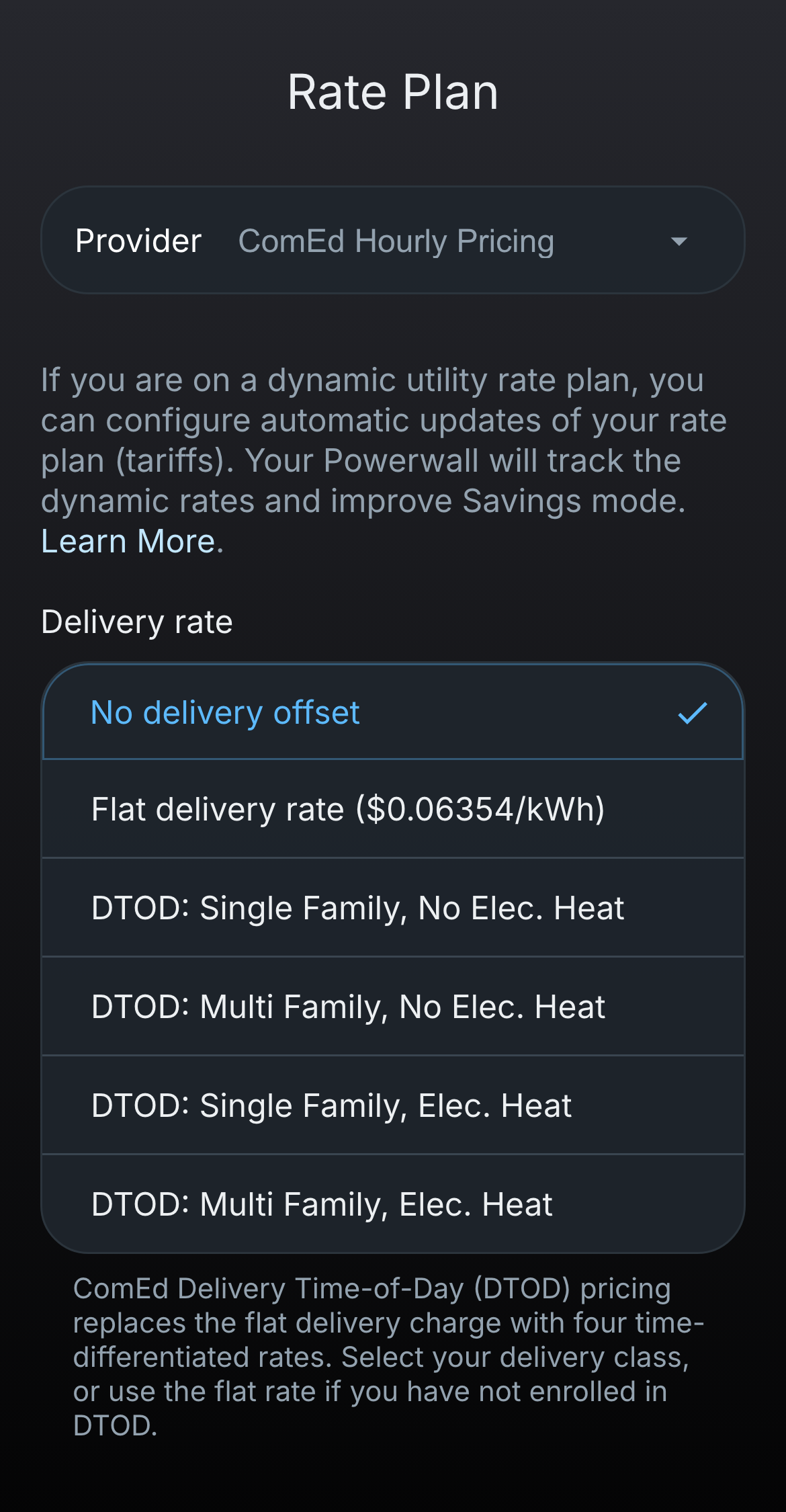 Rate Plan screen with ComEd Hourly Pricing and the DTOD delivery rate options